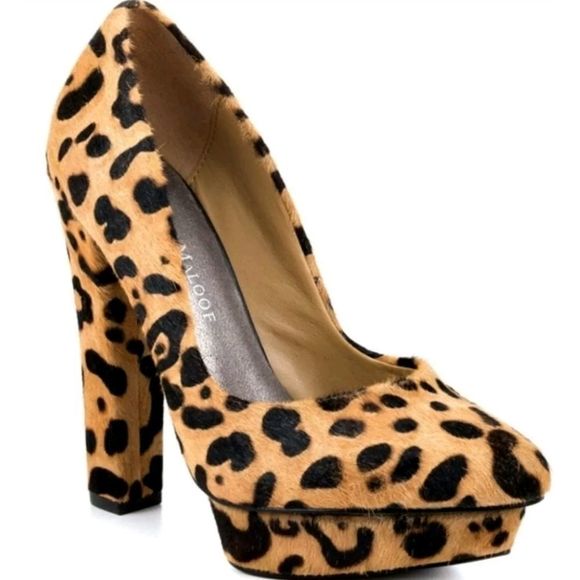 Adrienne Maloof Yelena Leather Leopard Print, Pony Hair Platform Heels Sz. 6.5 - Picture 1 of 12